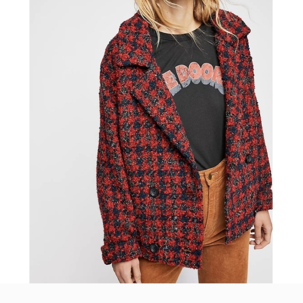 Free People  Boucle  Houndstooth Coat Sz.S Red&Black
